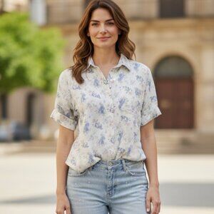 Vintage Floral Button Down Blouse | Short Sleeve | Shoulder Pads | Women’s Small